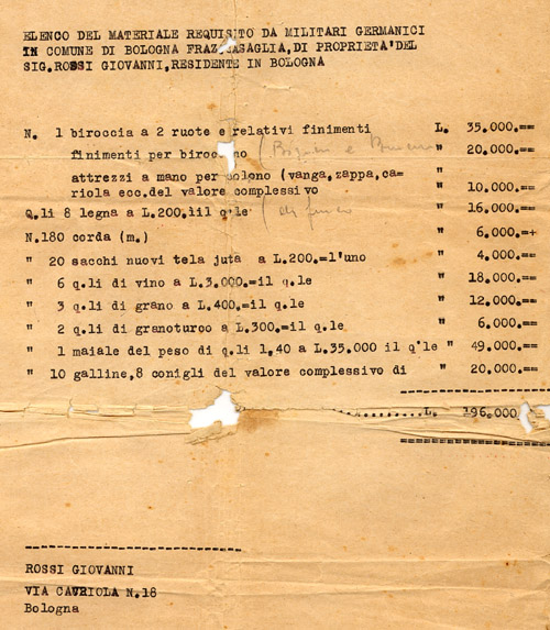 Il documento originale: beni requisiti dai militari germanici a Rossi Giovanni — L. 196.000